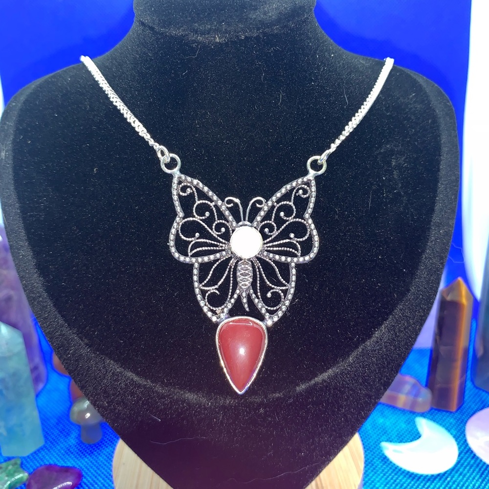 Natural Garnet & Moonstone Butterfly Necklace! .925 Sterling Silver Overlay, 18”